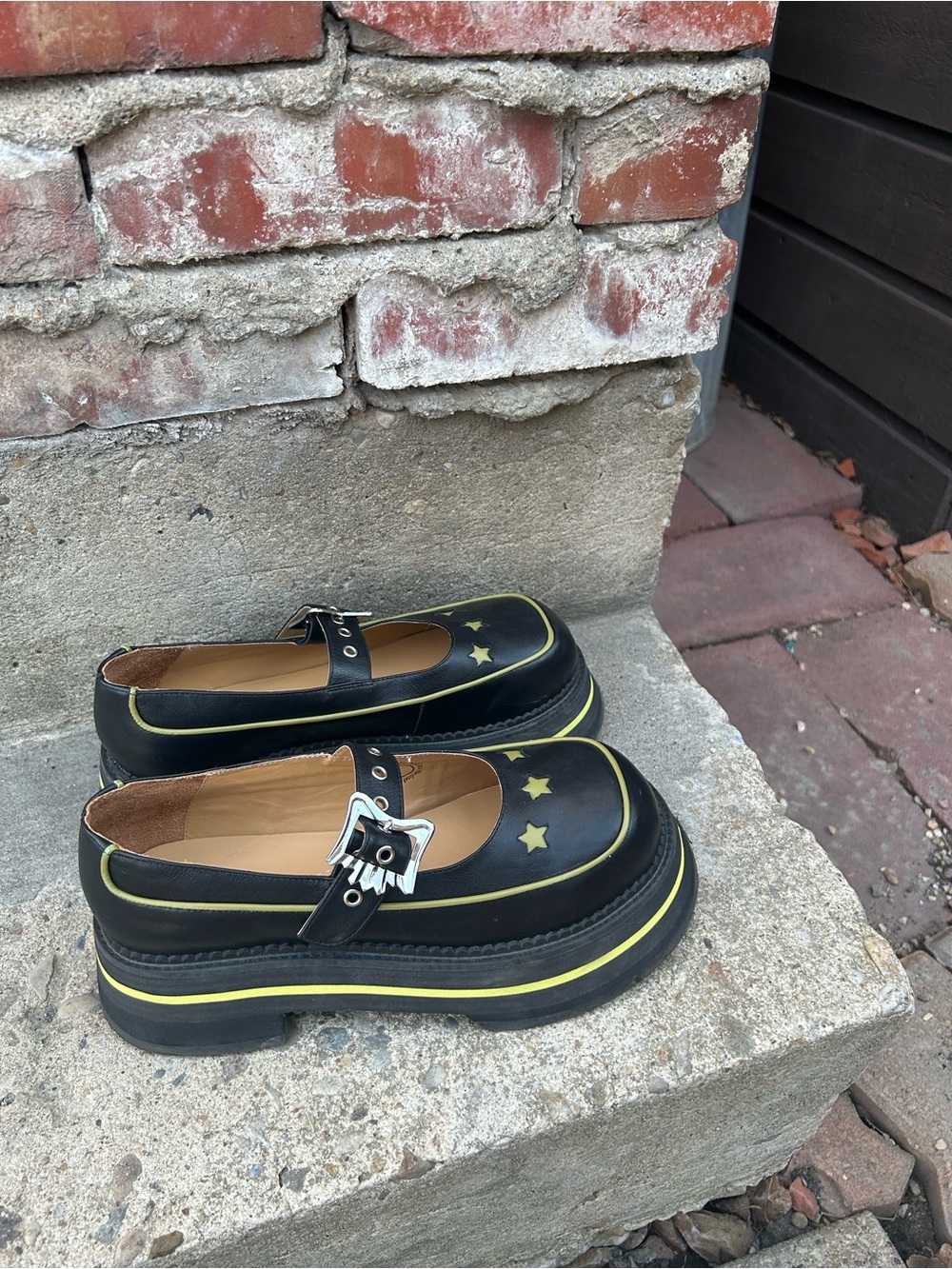 John Fluevog Black Mary Jane Platform Shoes with Yellow Trim and Star Detail